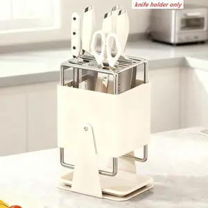 Rotatable Knife Holder with Drain Tray, Universal Knife Rack, Scissors and Sharpening Rod Slots, Stainless Steel Kitchen Organizer, Easy to Clean