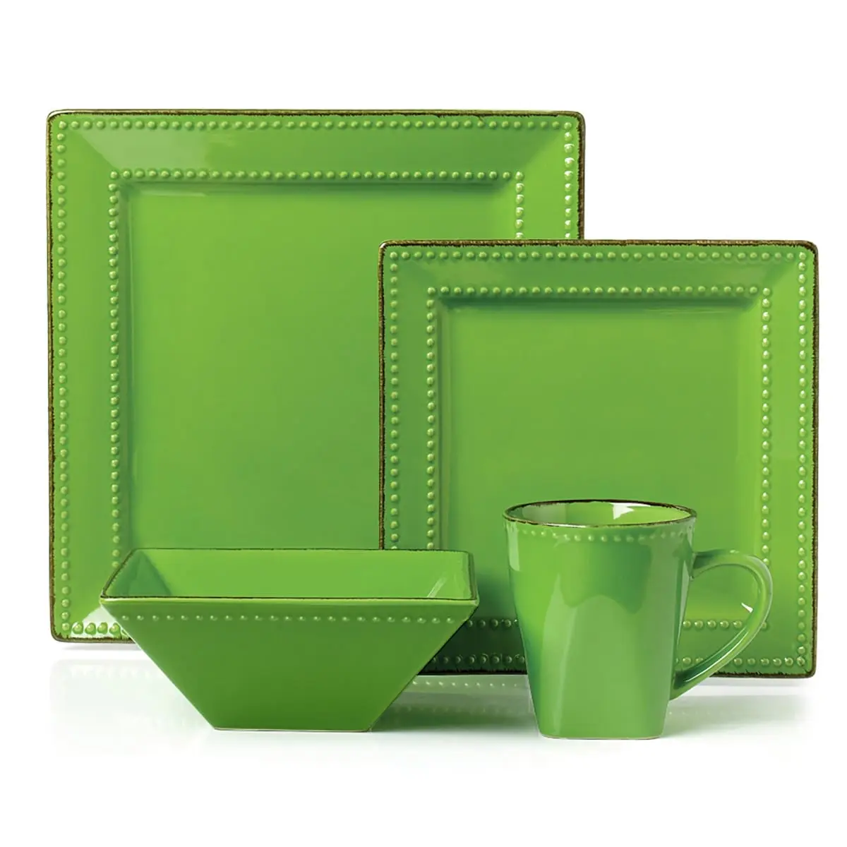 Lorenzo Import 16-Piece Sturdy Square Beaded Stoneware Tableware Set, Green - Includes Plates, Bowls, Mugs