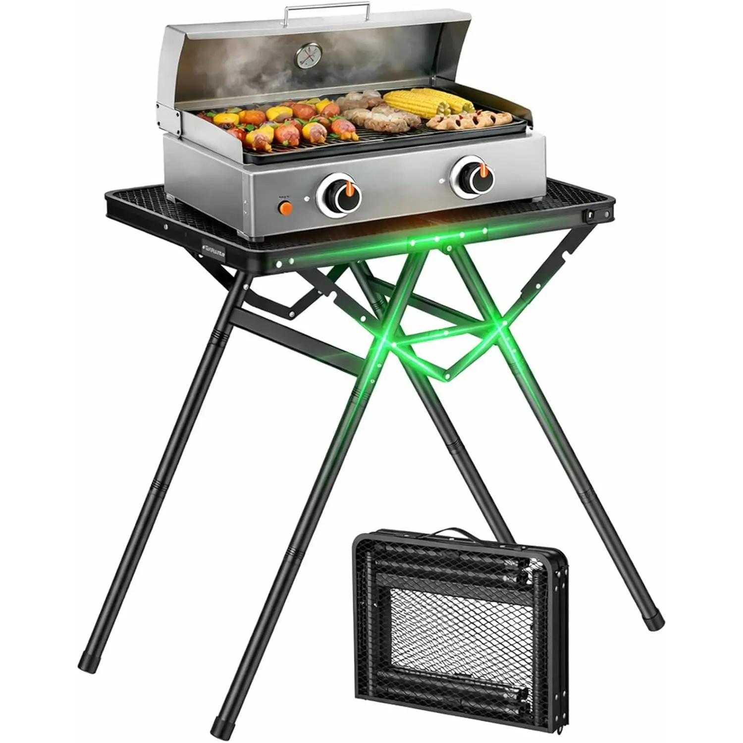 Folding Grill Table Max Capacity 180 lbs, 3 Adjustable Height Camping Table with Heat-Resistant Tabletop,  Picnic Table with  Structure for BBQ, Camping, Outdoor, 23.6"L x 15.7"W