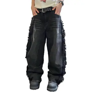 UP.THE Men's Denim Stacked Jeans, Mid Waist Wide Leg Loose-Fitting, Frayed Edges Tassel Details, Casual Menswear Plain Fabric, Street Rock Skater Y2K Hip Hop Inspired All-Season Bottoms