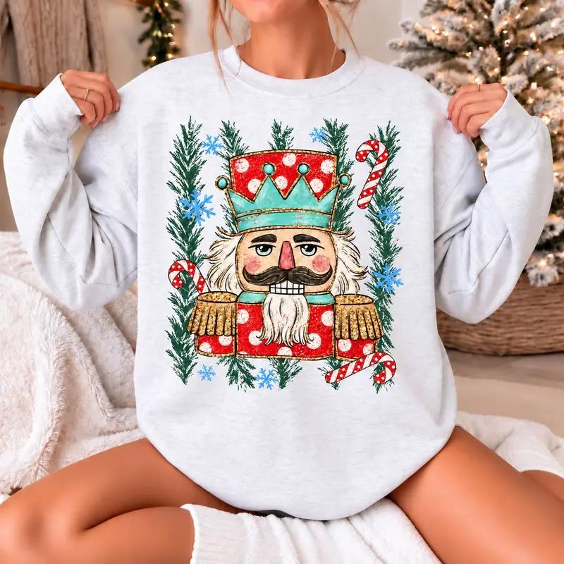 Nutcracker Christmas Polka Dots Sweatshirt, Cute Holiday Graphic With Evergreen Branches, Red Polka Dot Hat And Coat, Blue Snowflakes And Candy Canes, Festive Winter Outfit, Cozy Christmas Gift For Her, Seasonal Holiday Apparel
