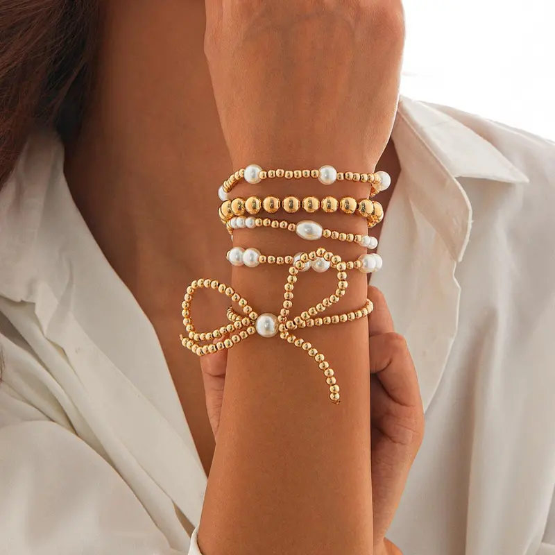 Elegant Faux Pearl Decorated Bowknot Design Bracelet, Pearl Beaded Bracelet, Bow Bracelets, Fashionable Bracelet, Fashion Jewelry for Party, Daily Clothing Decor, Trendy All-match & Exquisite Jewelry for Birthday Gift, Fashionable Bracelet Style