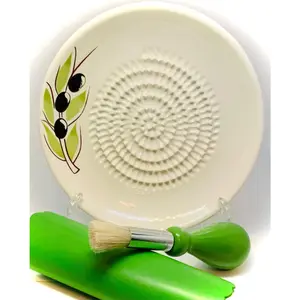 All-in-one Premium Ceramic Garlic Grater Plate 4-Piece Set - White Olive Design, Classic Style - For Garlic, Ginger, Chocolate, and more!- Comes with 5.25" Plate, Peeler, Brush, and Stand