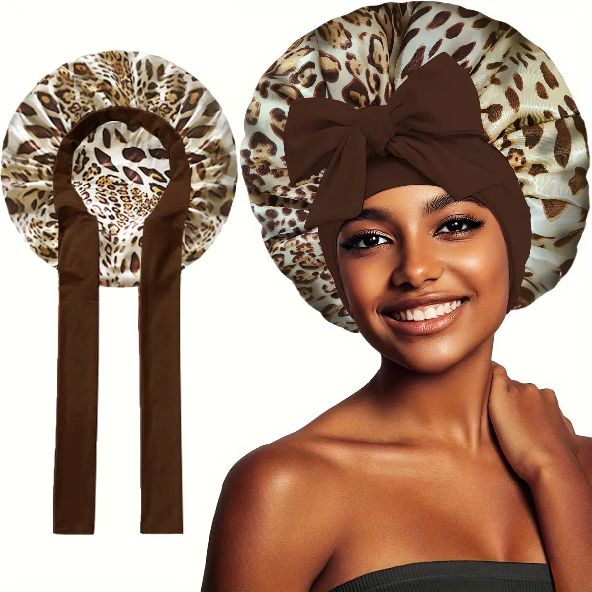 Satin Bonnet for Sleeping for Curly Hair, Reversible Double-Layer Cap with Styling Ribbon for Frizz Control - Women's Haircare, Heatless Haircare, Bouncy Curls