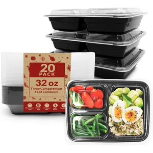 Meal Prep Containers 32 oz (20 Pack) 3 Compartment Meal Prep Containers , Microwave Safe | Plastic Togo Box for  | Mealprep Box for Takeout, To Go, Leftover,