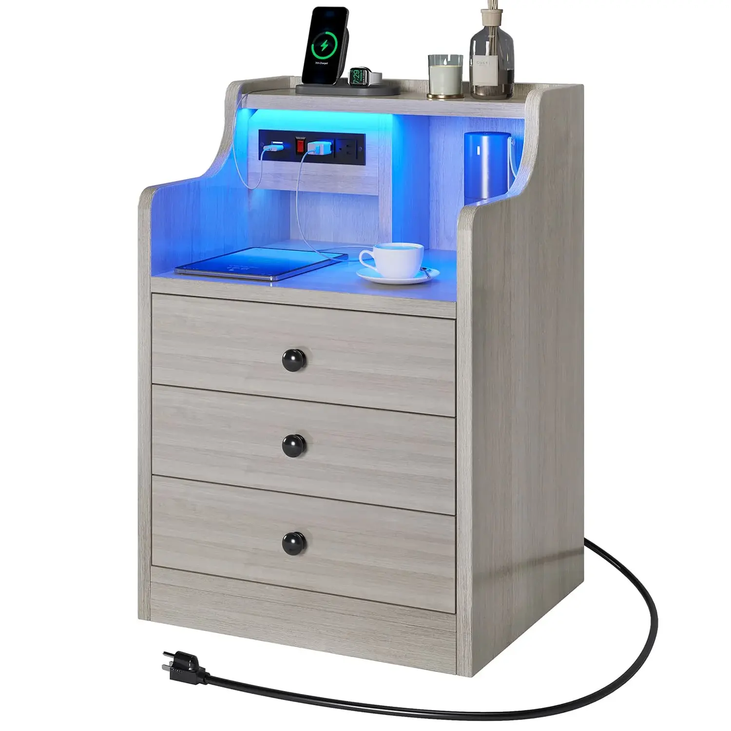 Sikaic LED Nightstand with Charging Station - Gray Contemporary Modern Bedside Table, 3-Drawer USB Charging Indoor Furniture for Bedroom, Modern Bedside Tables