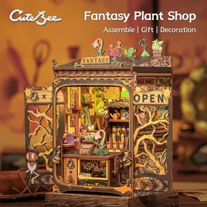 【FANTASY PLANT SHOP 】DIY Dollhouse Booknook Bookshelf Insert Decor Alley with LED Light - CUTEBEE Wood DIY Package