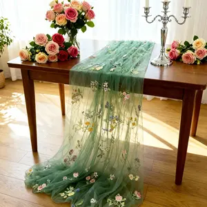 Green Lace Table Runner with Butterfly Floral Embroidery French Retro Ruffled Sheer Fabric Colorful Flower Embroidered Table Flag for Wedding Party Home Decor Multi-use for Table Chair Arch Window Gift Wrapping Photo Prop