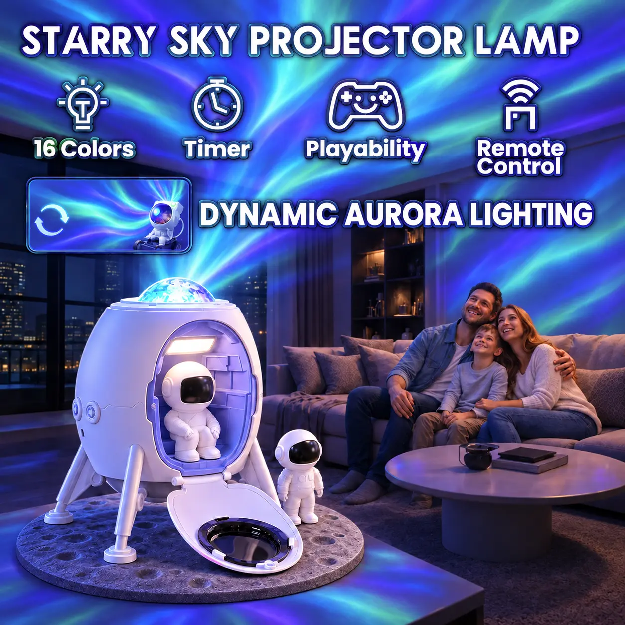 Lunar Lander Aurora Projector Night Light with Remote Control & Timer, 2-in-1 Dynamic Flowing Nebula Ceiling Lamp, USB Powered Spacecraft Bedroom & Gaming Room Decor with 2 Astronaut Figures and Lunar Base, Unique Gift for Kids, Teens & Adults