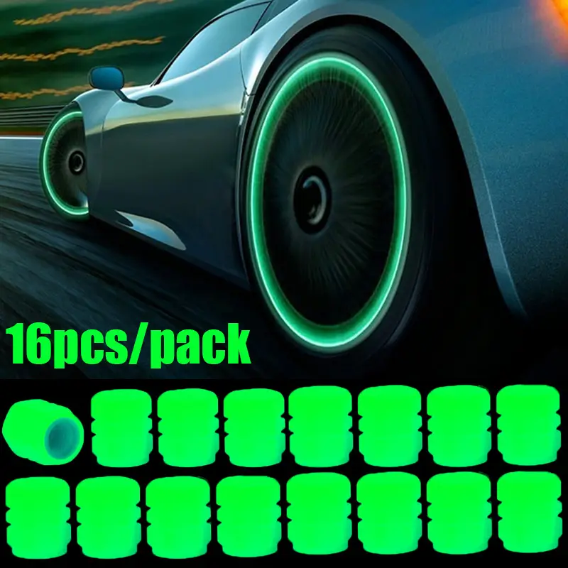 Glow-in-the-Dark Rubber Tire Valve Caps (Pack of 16)- Fluorescent, Dust-proof, Enhancing Safety & Style for Cars/Bikes