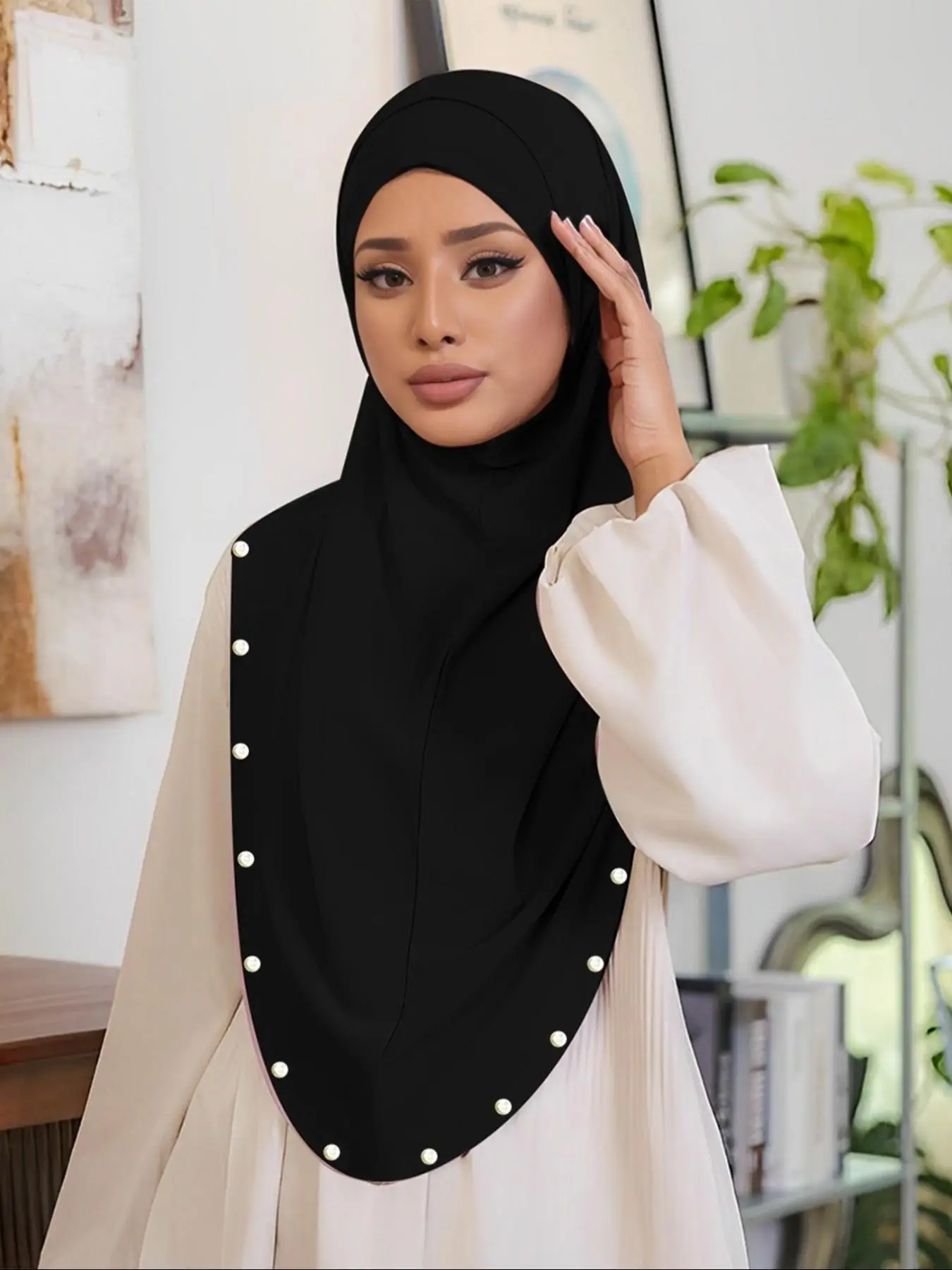 Women's Solid Color Pearl Decorated Button Hijab, Modest Casual Instant Hijab for Daily Wear, Women's Islamic Clothing for All Seasons
