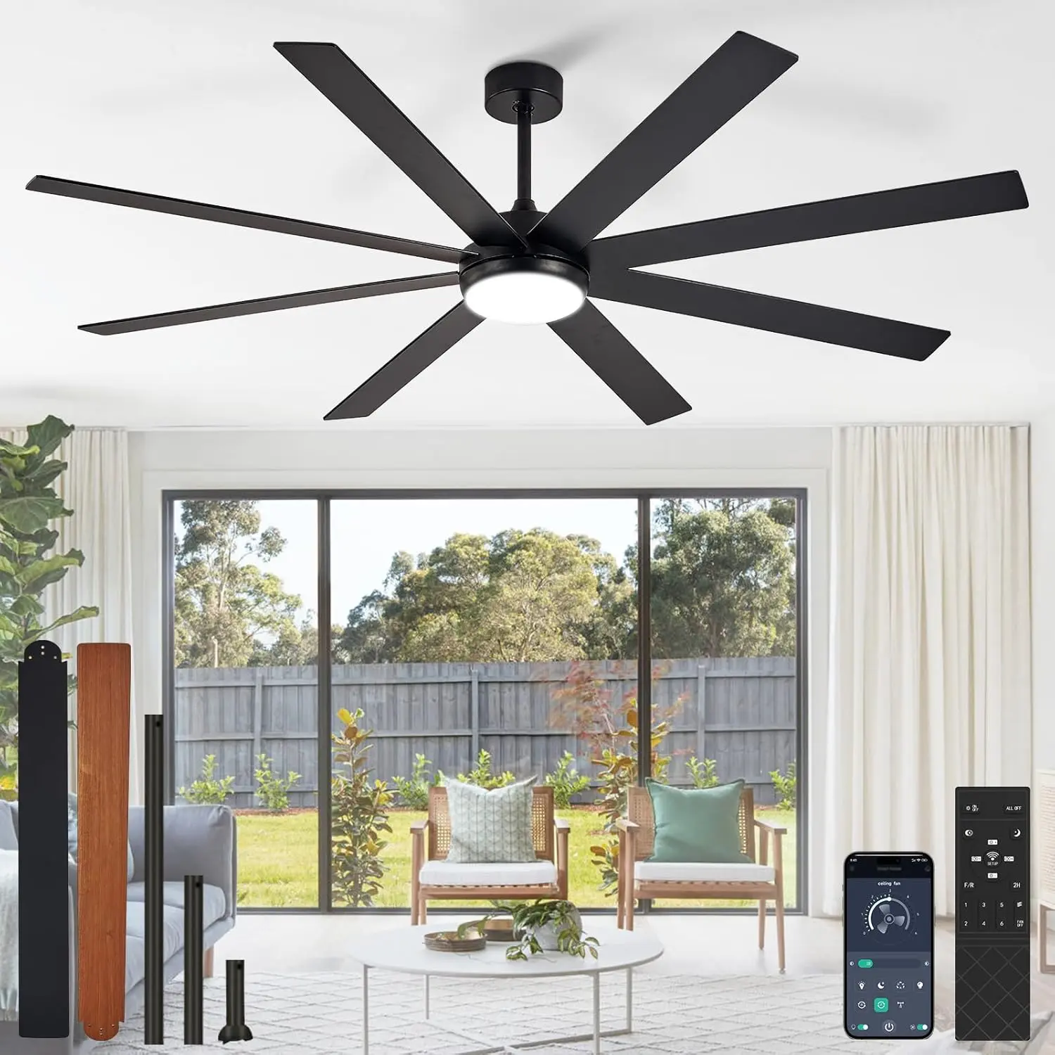 72" Ceiling Fans with Lights: Black Indoor/Outdoor Ceiling Fan for Patios Living Room - 8  Dimmable Large Ceiling Fans with Remote APP Control Timer Reversible Quiet DC  6 Speeds