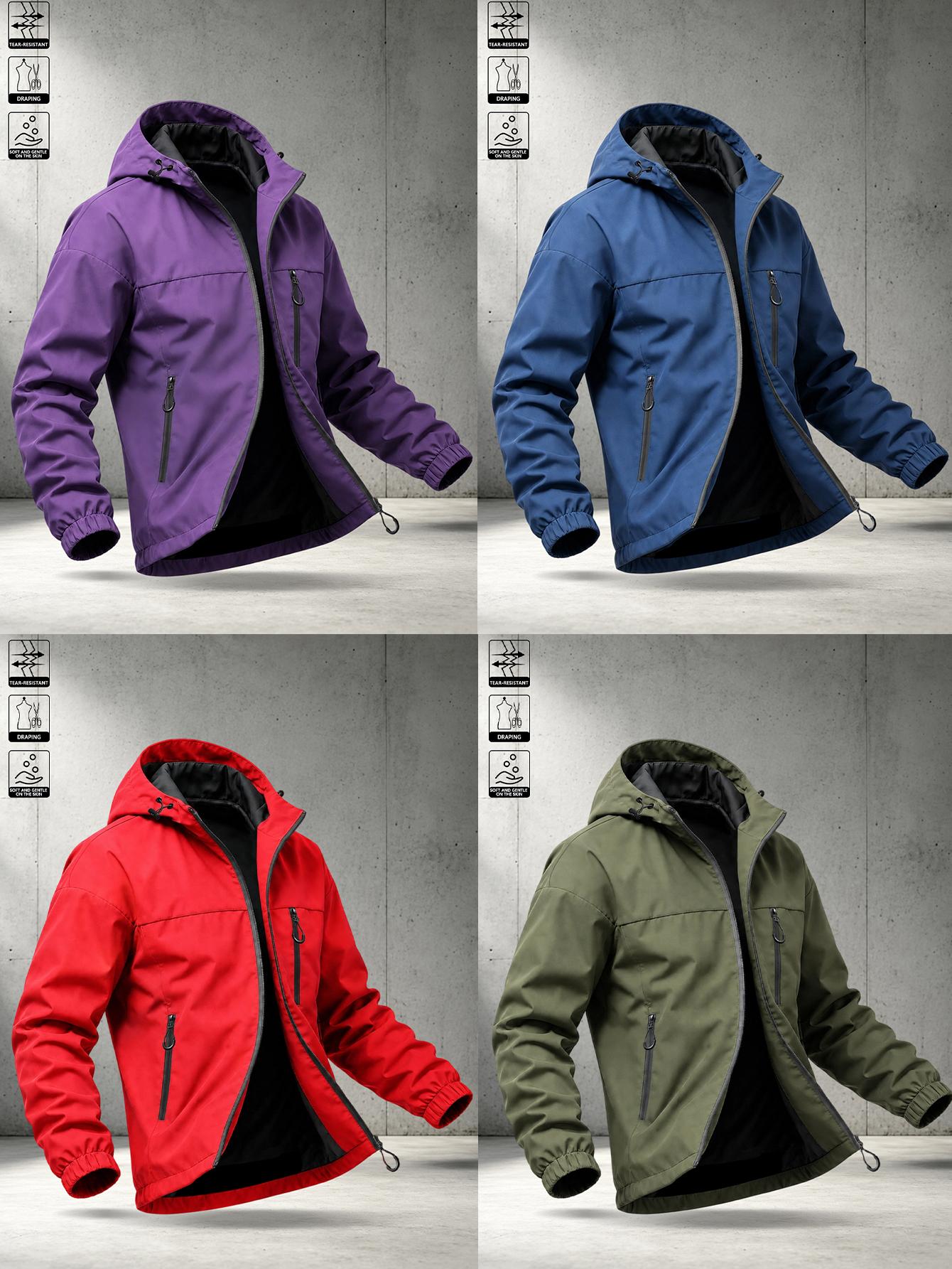 American workwear solid-color men’s army green hooded functional jacket, relaxed drop-shoulder design that doesn’t restrict movement, hidden safety zipper pockets, wear-resistant wrinkle-resistant woven fabric, multi-scenario hiking outerwear