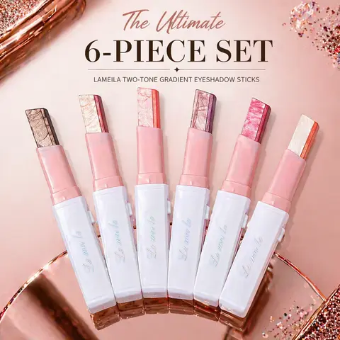 6pcs 2-Tone Color Gradient Cream Eyeshadow Stick Cosmetic Set - 2-in-1 Matte+Shimmer Duo Highlighter, High Pigment, Waterproof, Smudge-Proof, Long-Lasting, Blendable, Mess-Free Application, Beginner-Friendly, Push-Pull Travel Makeup Products Gift Set