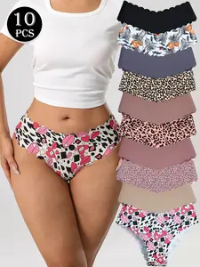 10 Pack Women's Seamless Bikini Panties, Soft Comfortable Low Waist Elegant Style, Multiple Colors and Prints Heart Leopard Leaf, Breathable Skin-Friendly Fabric