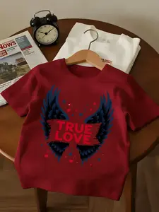 Teen Rock Style True Love Short Sleeve Tee, Deep Blue Wings True Love Print, Unisex Casual Slim Fit Round Neck T-Shirt