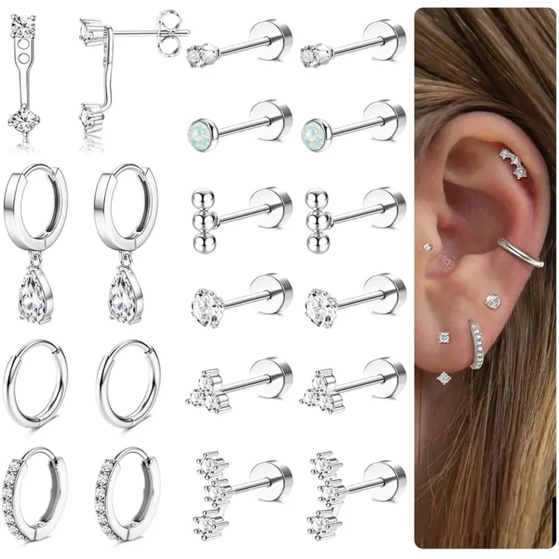 Hypoallergenic Flat Back Earrings Gold Cartilage Earring Sets for Multiple Piercing 20G Stainless Steel Earrings for Women Trendy Earring Stacks Stackable Earrings Small Hoop Flatback Stud Earrings