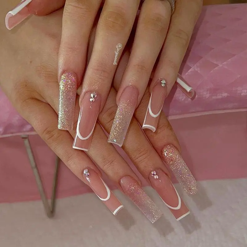 Press On Nails 24PCS Long Brown Glitter Rhinestone French Tip Coffin Fake Nails Reusable Nude Pink Gradient Acrylic Nail Set for Party Night Out