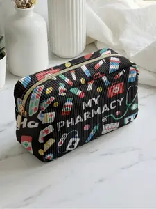 1 piece of medical element「MY PHARMACY」 2D printed makeup bag, Makeup Pouch, Vintage Vanity Bag, large capacity design|suitable for all seasons/general use|can hold daily skincare products and various cosmetics|lifestyle travel all-rounder