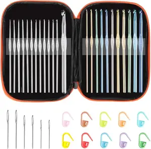 Multi-Color Metallic Crochet Hooks Set, Tomorotec Art Aluminum Knitting Needles with Sylish Storage Bag, Stitch Markers and Big Eye Needles