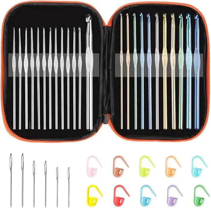 Multi-Color Metallic Crochet Hooks Set, Tomorotec Art Aluminum Knitting Needles with Sylish Storage Bag, Stitch Markers and Big Eye Needles