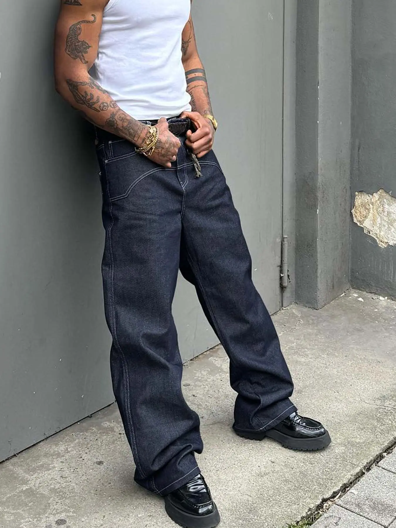 Men's Blue Vintage Wide Leg Pants, Casual Style Loose Jeans Trousers for Men, Comfortable Fit & Versatile Design for Daily Wear, Raw Trim Jeans