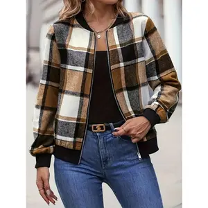 Plus Size Plaid Baseball Collar Zip Up Jacket