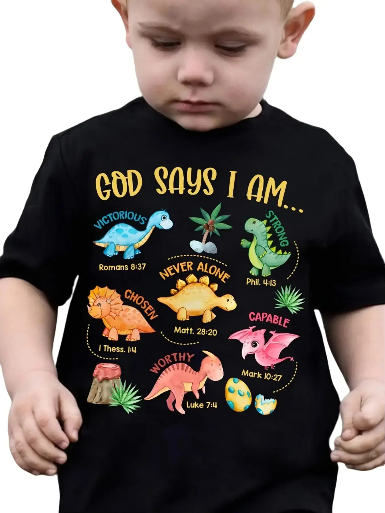 Cute Toddler Dinosaur T-Shirt, Unisex Christian Top with 'God Says I Am' Bible Verse Graphic, Short Sleeve Cotton Tee, Basic Tee, Fitted, Round, Graphic Print, Slogan Lettering, 2-3Y, 3 - 4 Years, 4-5Y