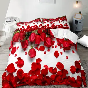Valentine's Day Rose Pattern Bedding Set, 2/3 Counts Including Decorative Duvet Cover & Pillowcase without Filler, Soft Comfortable Bedding Set for Home Bedroom
