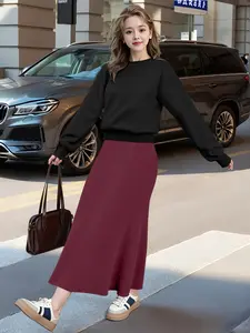 Korean Style Drop Shoulder Sweatshirt & High Waist Tailored Skirt Set, Casual Loose Fit Two-Piece for All Seasons