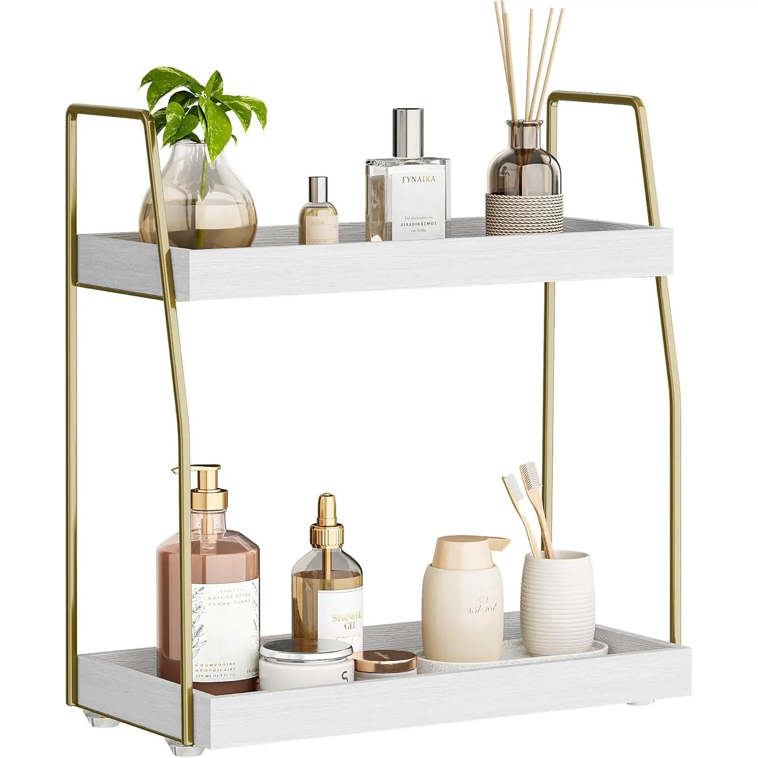 Bathroom Countertop Organizer,Counter Organizer for Bathroom Decor,Wooden Sink Shelf for Vanity Storage,Makeup Tray for Perfume Skincare Bedroom Kitchen Coffee Bar (2 Tier,White and Gold)