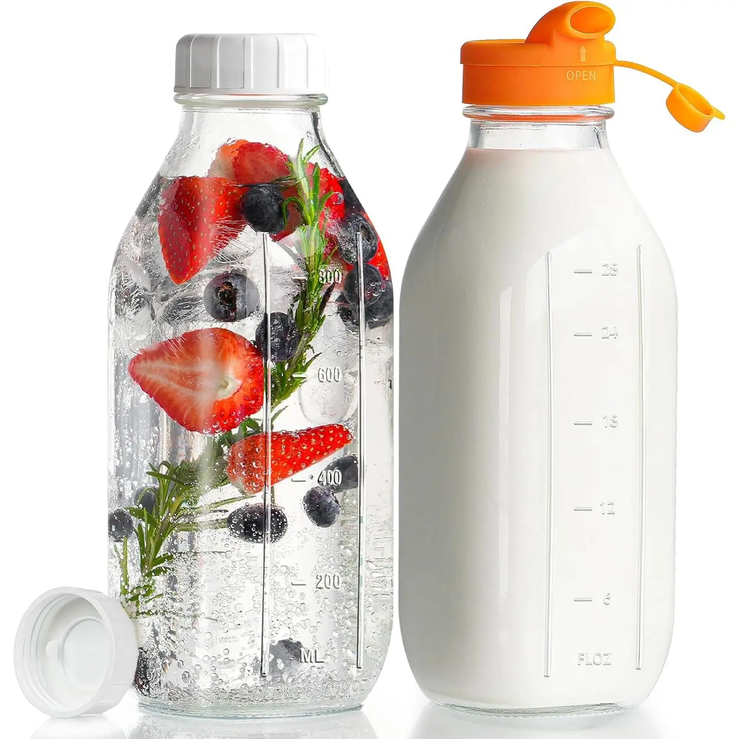 2-Pack 32 oz Kitchen Reusable Glass Milk Bottles with Silicone Dispenser Cap, Airtight Screw Lid Canister, Leak-Proof Scaled Juice/Breastmilk Storage Container for Fridge