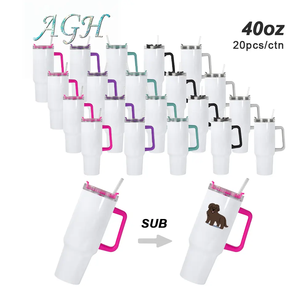 AGH US 40oz sublimation blank handle tumbler with straw and lid 12pcs/20pcs - handle mixed color，white handle，black handle for heat transfer sulimation machine
