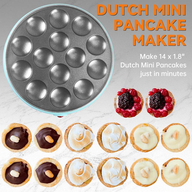 Mini Pancakes Maker Machine, Dutch Mini Pancake Griddle, 14 Holes Electric Poffertjes Pan, Ideal for Breakfast, Snacks, Desserts & More