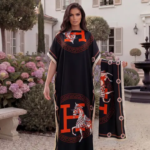 Elegant Animal-Print Shawl Set, Faux-Silk Long Dress Cape and Sun-Protection Scarf, Women’s Casual Boho Elegant Beachwear Cover-Up for Summer and All-Season Casual Style Bohemian Boho Fashion