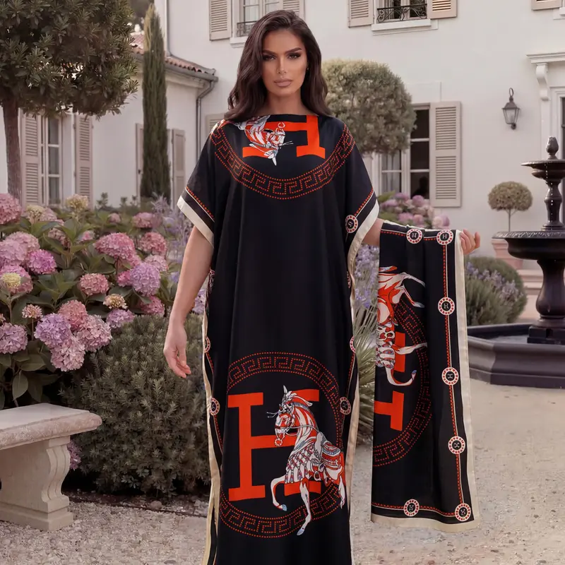 Elegant Animal-Print Shawl Set, Faux-Silk Long Dress Cape and Sun-Protection Scarf, Women’s Casual Boho Elegant Beachwear Cover-Up for Summer and All-Season Casual Style Bohemian Boho Fashion