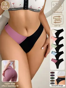 Women's Seamless Patchwork Print Thong Panties, Valentine Halloween Christmas Wearable, Low Waist Triangle Underwear for Fall Winter, Lingerie