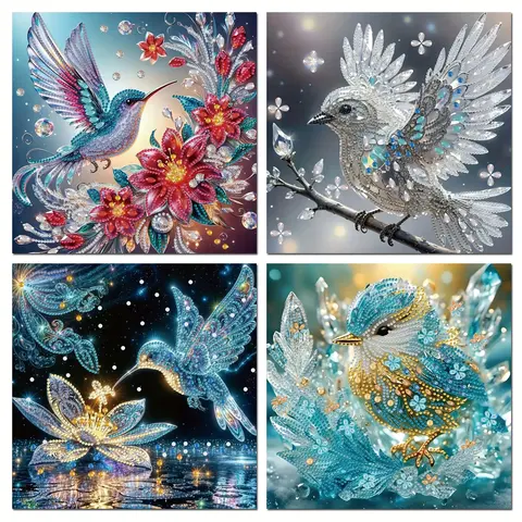 4PCS/Set Shiny Acrylic 5D Diamond Art Kits - Special Shape Partial Hummingbird Design, 11.81x11.81in Waterproof Hobbies Kit Adults, 5D Sparkle Look & Depth Shine, Relax & Stress Ease Crystal Rhinestone Needlework Craft for Beginners