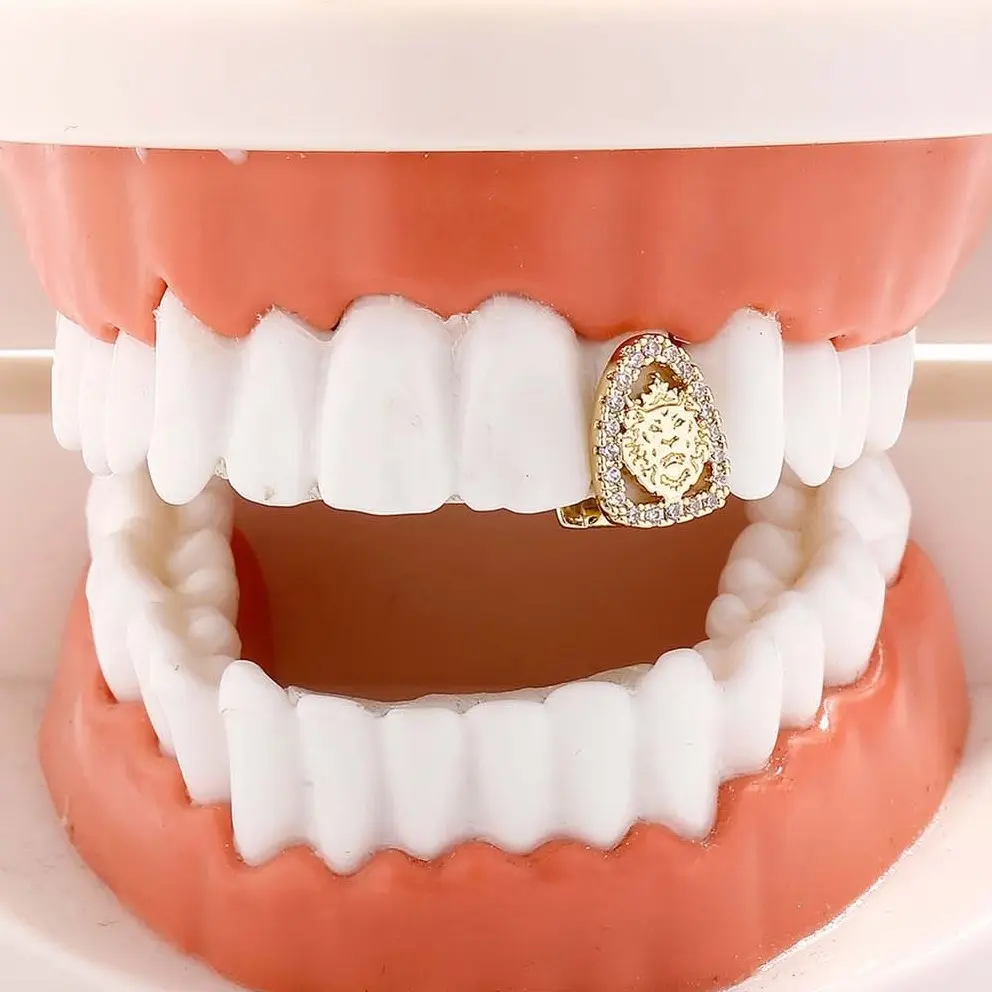 Single golden tooth hollow carving animal lion king hip hop braces fashionable men and women cool tooth decoration