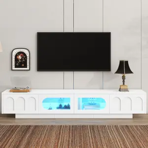 Modern TV Stand for Televisions Up to 95'', Functional Media Console with APP-Controlled Smart LED Light, Arched Cabinet Doors and Fluted Glass Doors, Entertainment Center, for Living Room, White