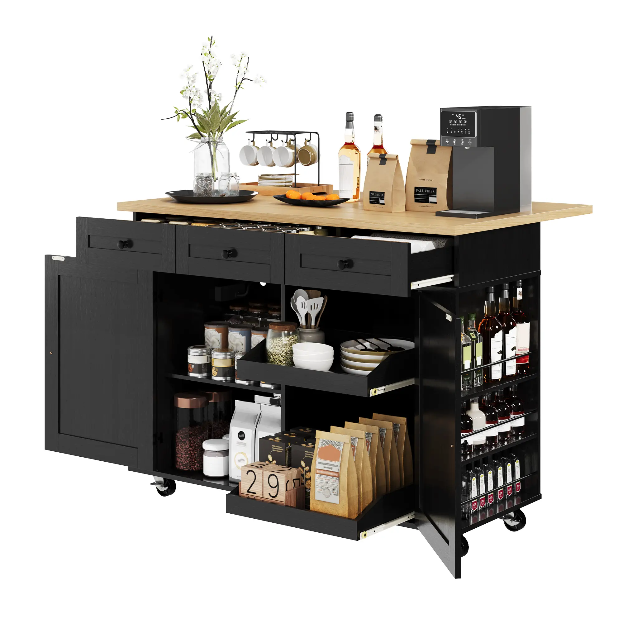 Versatile Rolling Kitchen Island Cart with Drop Leaf Countertop – Charging Station – Ample Storage with Drawers, Pull-Out Shelves, Spice & Towel Rack – Lockable Wheels – Mobile Buffet Sideboard Cabinet, Gray and Wood Finish