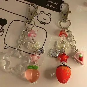 Cute Strawberry Peach Bow Keychain Y2K Coquettish Fairytale Lily of the Valley Handbag Pendant Jewelry Accessories Girls Gift