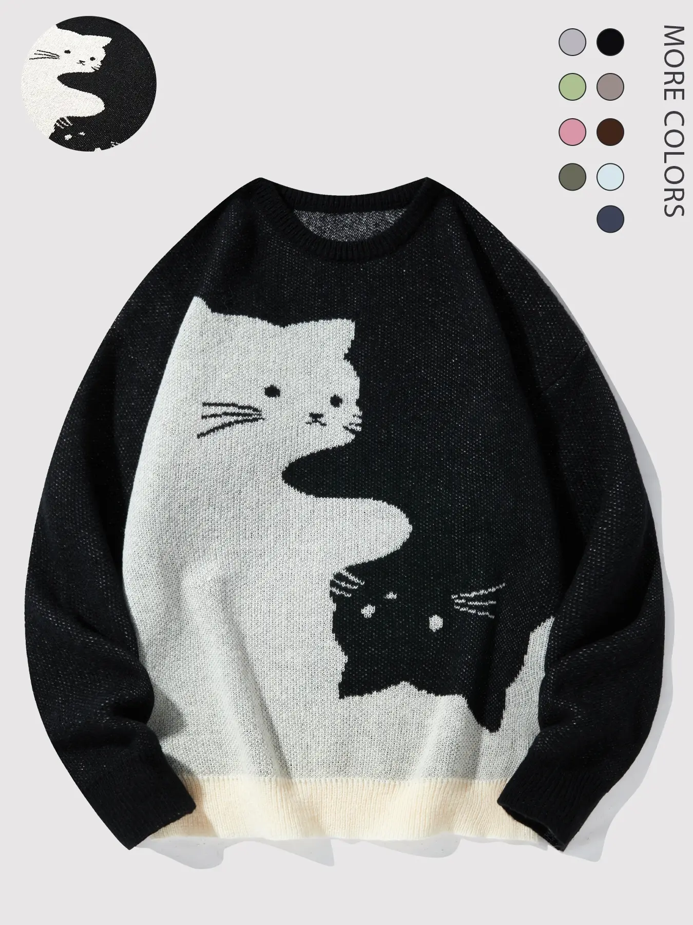 Men's Cartoon Cat Print Round Neck Sweater, Regular Fit Casual Long Sleeve Crew Neck Jumper for Fall & Winter, Fashion Men's Knitwear Tops for Daily Wear  2624