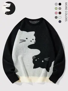 Men's Cartoon Cat Print Round Neck Sweater, Regular Fit Casual Long Sleeve Crew Neck Jumper for Fall & Winter, Fashion Men's Knitwear for Daily Wear  2624