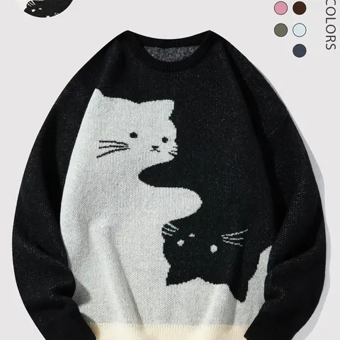 Men's Cartoon Cat Print Round Neck Sweater, Regular Fit Casual Long Sleeve Crew Neck Jumper for Fall & Winter, Fashion Men's Knitwear Tops for Daily Wear  2624