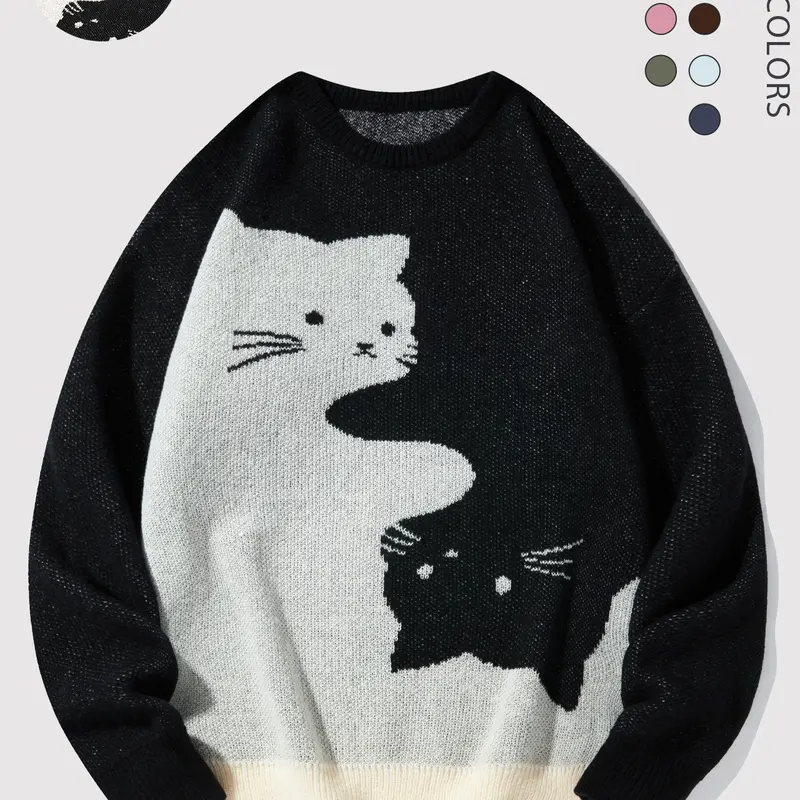 Men's Cartoon Cat Print Round Neck Sweater, Regular Fit Casual Long Sleeve Crew Neck Jumper for Fall & Winter, Fashion Men's Knitwear Tops for Daily Wear 2624