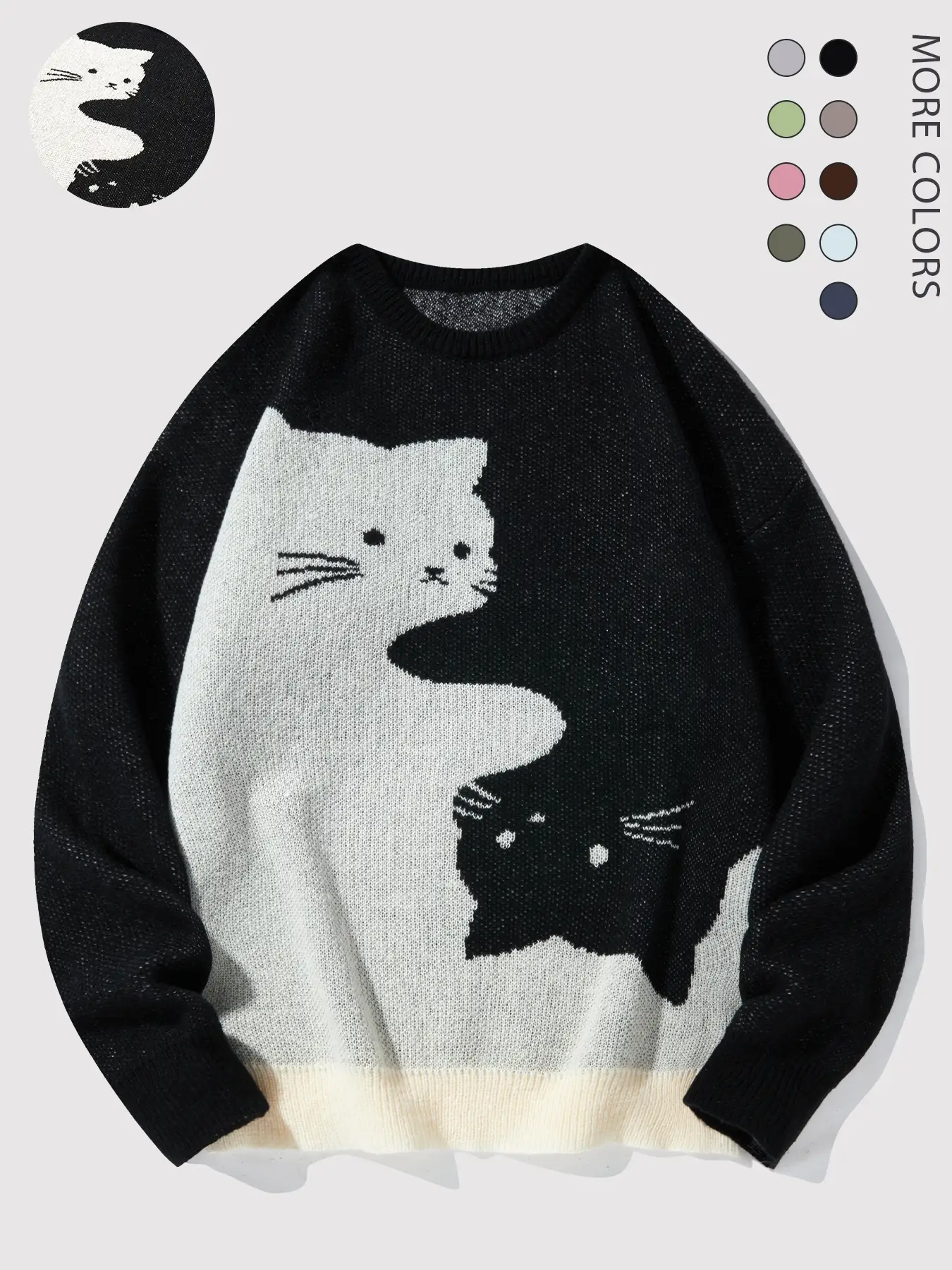 Men's Cartoon Cat Print Round Neck Sweater, Regular Fit Casual Long Sleeve Crew Neck Jumper for Fall & Winter, Fashion Men's Knitwear for Daily Wear