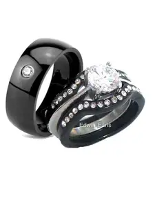 His Hers 4 Piece CZ Black Plated Stainless Steel Matching Wedding Band Ring Set Cubic Zirconia Jewelry