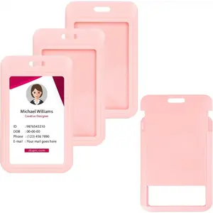 4PCS Sliding ID Badge Holder Sliding Badge Holder with Clear Window Hard Plastic Waterproof Assorted Colors Vertical Card for Nurses Teachers Students Office School (Pink 4Pcs)