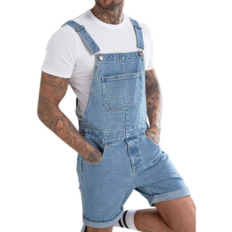 PASLTER Mens Denim Shorts Bib Overall Jean Romper Casual Loose Fit Walkshort Button Pockets Summer Jumpersuit Fashion Menswear